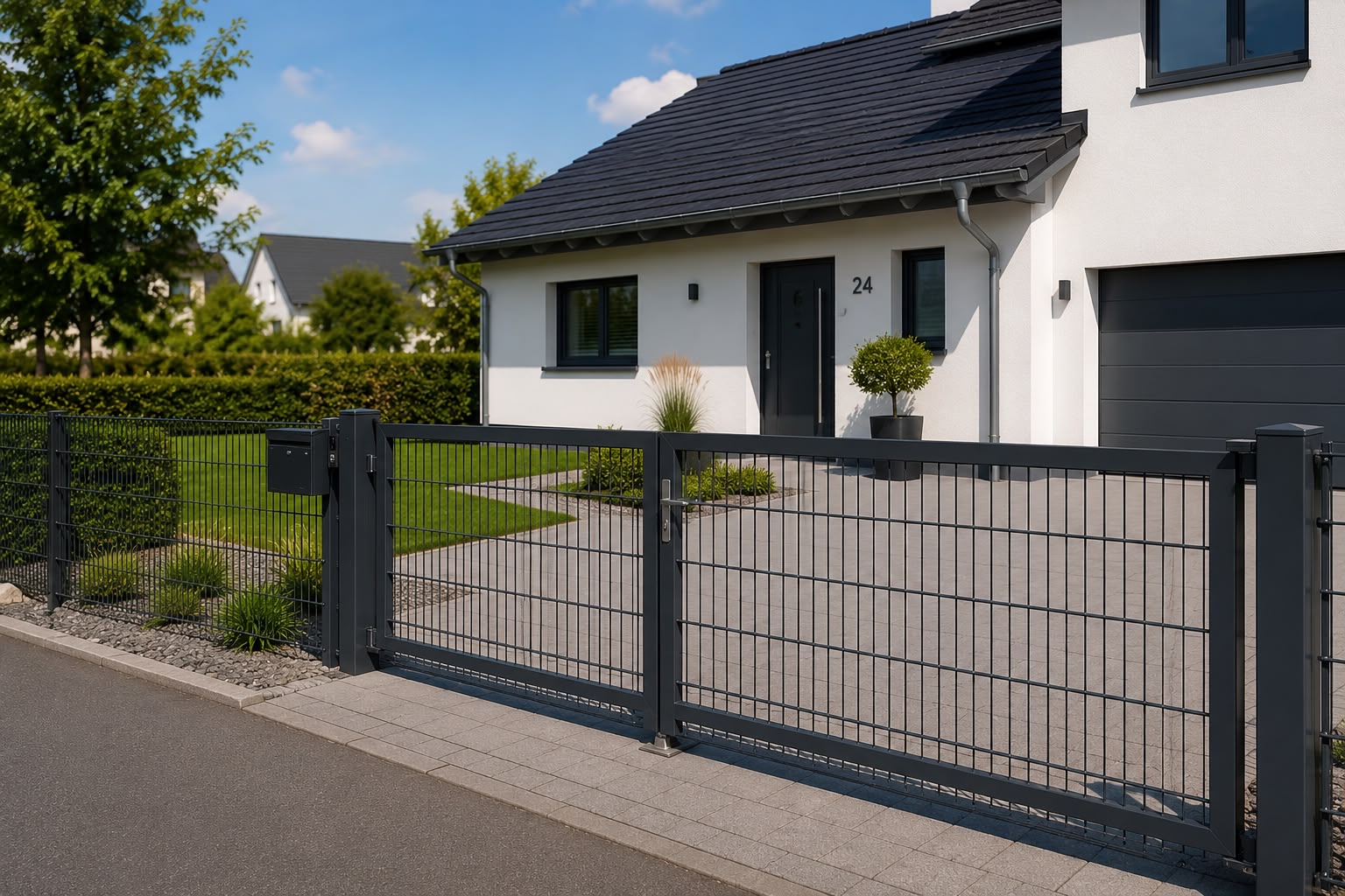 KI-generierte Visualisierung eines modernen weißen Einfamilienhauses mit anthrazitfarbener Zaunanlage und zweiflügeligem Einfahrtstor